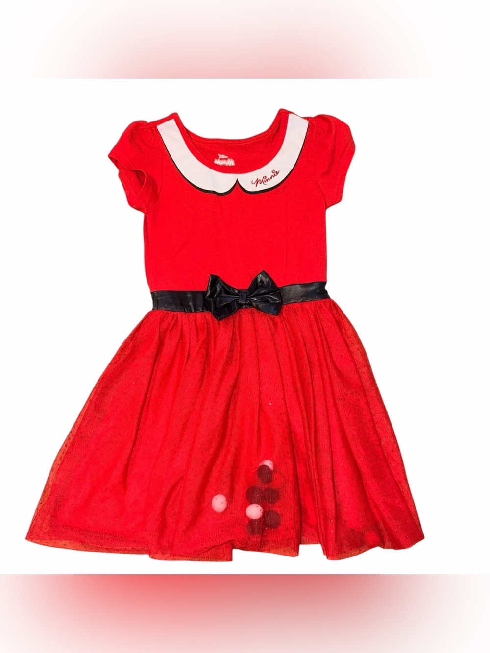 Disney Red & White Minnie Collar Tulle Dress, Black Bow - 5T